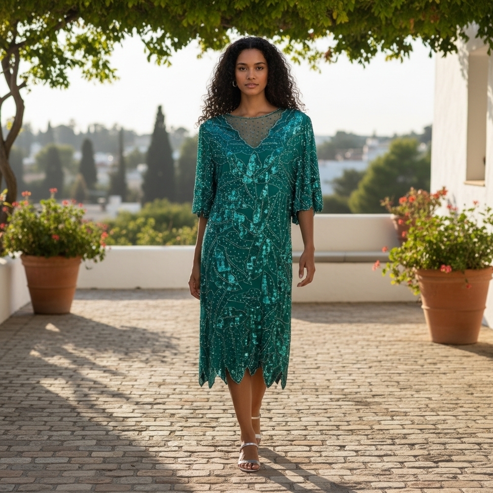 Vintage Teal Silk Dress | Hand Embellished in Teal Beads & Sequins | Judith Ann